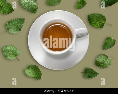 White cup of mint tea with meant leaves on green background. Overhead shot. Stock Photo
