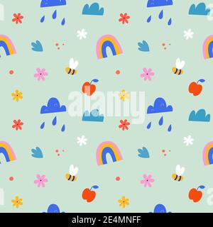 Cute abstract doodle hand drawn pattern for babies and kids, handdrawn raindow, cloud and bee. Scandinavian style seamless background Stock Vector