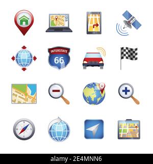 Gps navigation icons set with compass route traffic marker isolated vector illustration Stock Vector