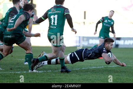 Galway Sportsgrounds, Galway, Connacht, Ireland. 24th Jan, 2021. Guinness Pro 14 Rugby, Connacht versus Ospreys; Rhys Webb with a try for Ospreys Credit: Action Plus Sports/Alamy Live News Stock Photo