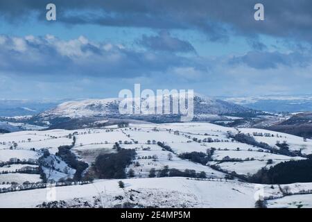 Cordon Hill in snow seen from Pole Bank on the summit of the Long Mynd, Church Stretton, Shropshire Stock Photo