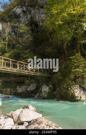 The lower Devil's Bridge crossing the Tolminka River which flows through Tolmin Gorge in the Triglav National Park, north western Slovenia Stock Photo