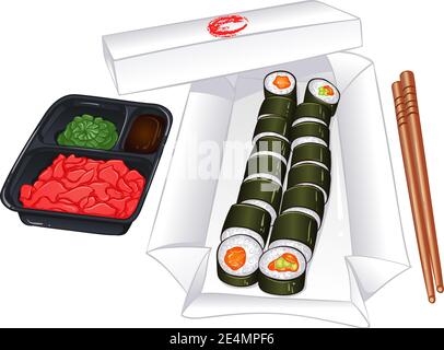 Color vector illustration isolated on white background. Sushi maki in a box to go. Traditional Japanese food. Sushi set objects chopsticks, wasabi, ginger, soy. Stock Vector