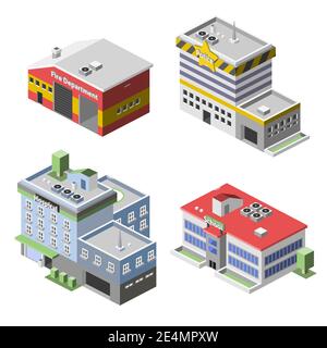 Government buildings 3d isometric set with fire department police hospital school isolated vector illustration Stock Vector