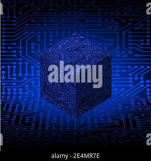 Isometric electronic cube. Background of modern futuristic electronic circuit board. Vector illustration Stock Vector