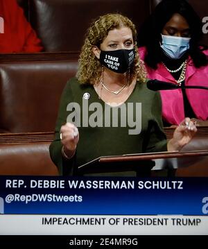 C-SPAN TV screen shot shows U.S. Rep. Debbie Wasserman Schultz speaking in support of the second impeachmnet of U.S. President Donald Trump. Stock Photo
