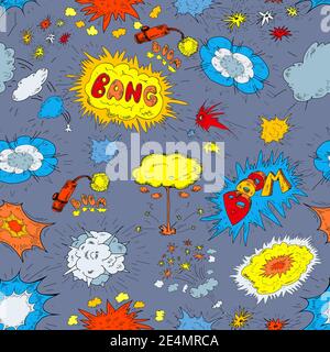 Festive firework sparkling bright light explosions boom bang whistles pictograms seamless pattern abstract doodle sketch vector illustration Stock Vector