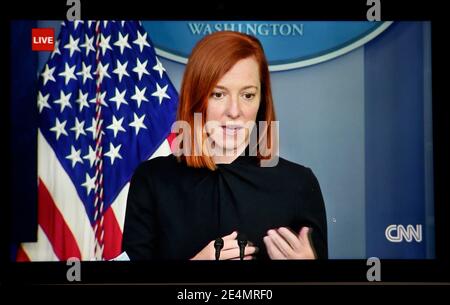 A CNN TV screen shot of White House Press Secretary Jen Psaki conducting a press briefing during U.S. President Joe Biden's first week in office. Stock Photo
