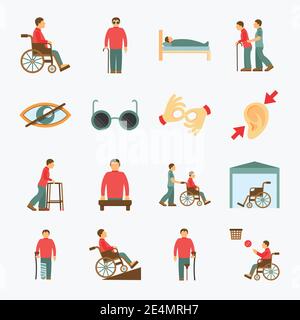 Disabled people care help assistance and accessibility flat icons set isolated vector illustration Stock Vector
