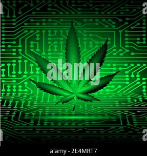 Cannabis leaf on modern futuristic electronic background with shadow. Vector illustration. Stock Vector