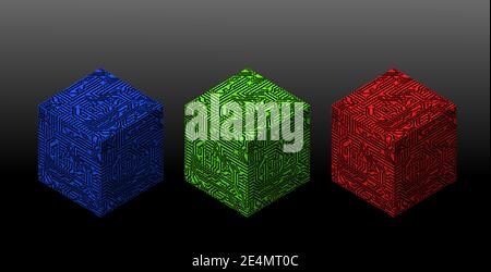Set of isometric electronic cubes isolated on gray background. Vector illustration Stock Vector
