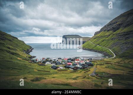 Tjornuvik beautiful town in the Faroe Islands, sit on the north coast of Streymoy, Beautiful Scandinavian Village, Located On The Faroe Islands Stock Photo