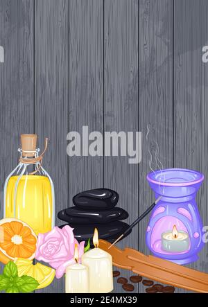 Vector still life with accessories for spa salon, aromatherapy on a gray wooden background. Oil burner, aroma oil, candles. Template for poster, banner, postcard or other Stock Vector