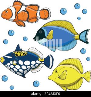 Set of vector tropical fish. Isolated objects on white. Stock Vector