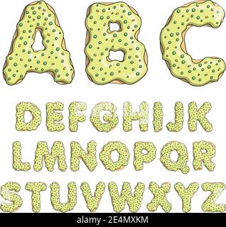 Alphabet cartoon letters font sweet donut style with candy. Isolated vector objects on a white background. Stock Vector