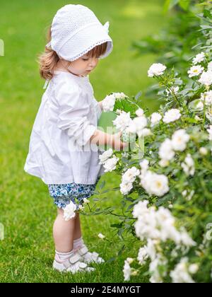 on a summer day, a little girl takes care of flowers in the garden, watering roses in a flower bed Stock Photo