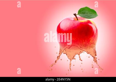 fresh fruit juice, red apple which liquefies on red background. Colored and luminous picture. Stock Photo