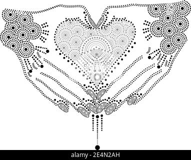 Vector illustration with hands making heart sign. Drawing imitation a decorative dot technique point-to-point or beadwork. Black illustration isolated on white background Stock Vector