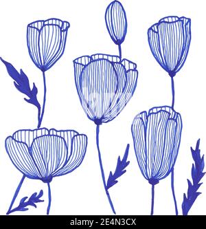 ink blue spring flower illustration hand drawn Stock Vector