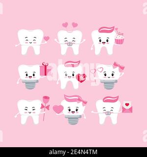 Valentines day teeth dental icon set isolated. Stock Vector