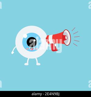 Cute eye eyeball with red megaphone isolated on background. Stock Vector