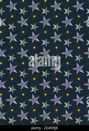 Star space seamless pattern. Creative shapes with stripes in grey, blue. Geometrical cute decorative backround Stock Vector