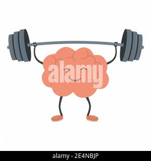 Strong powerful brain holding heavy barbell. Intelligence, mind, imagination, creativity, knowledge and education concept. Train your brain Stock Vector