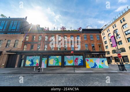 SEPHORA store in Meatpacking District has boarded up the store windows NYC. Stock Photo