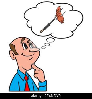 Thinking about Grilled Sausage - A cartoon illustration of a man thinking about Grilled Sausage. Stock Vector