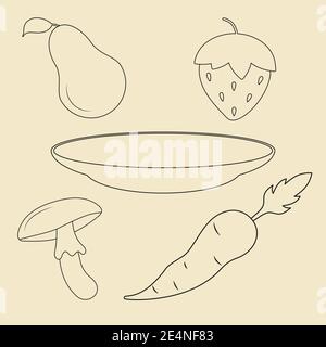 Coloring book with fruits, vegetables. Set of line icons, strawberry, pear, mushroom, carrot, plate Stock Vector