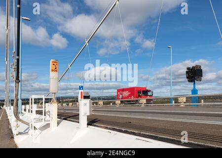 SOS phone on the Severn Crossing old bridge near Chepstow, South Wales, UK Stock Photo