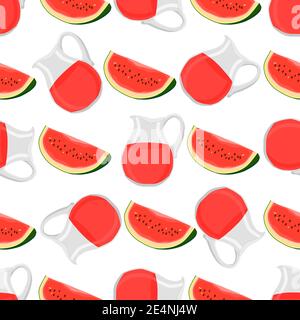 Illustration on theme colored lemonade in watermelon jug for natural drink. Lemonade pattern consisting of kitchen accessory, watermelon jug to organi Stock Vector