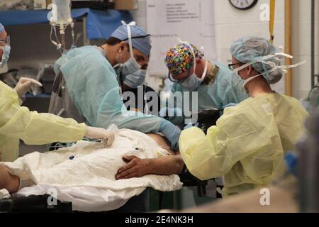 Members of the 541st Forward Surgical Team (FST) (Airborne) perform an assessment of an Afghan man on FOB Farah, December 26, 2012. Stock Photo