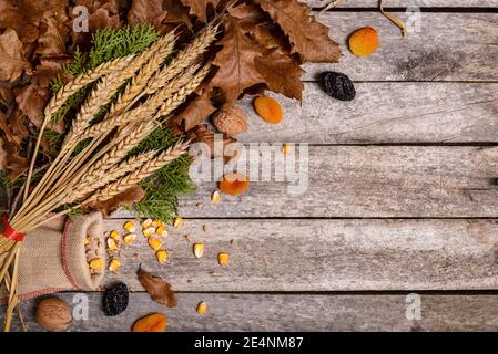 Concept celebration orthodox Christmas on rustic wooden table. Fasting food and Christmas Eve decoration in Serbia. Stock Photo