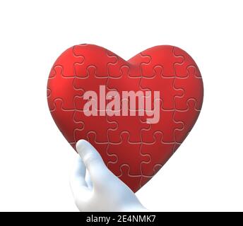 Hand holding heart. Symbol of help, donation, Valentines card in puzzle. 3D rendering Stock Photo