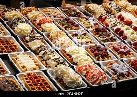 Traditional belgian waffles in Brussels, Belgium Stock Photo