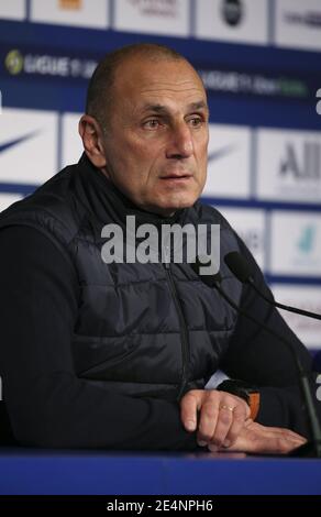Coach of Montpellier HSC Michel Der Zakarian answers to the media during the post-match press conference following the French ch / LM Stock Photo