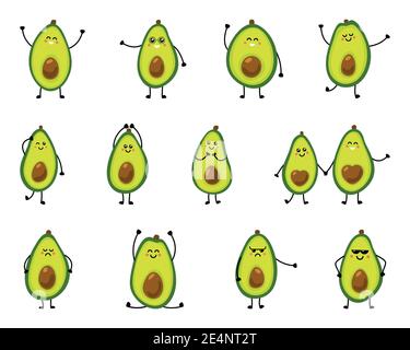 Illustration of a cute avocado in different poses and with different emotions. Vector illustration on white isolated background. Stock Vector