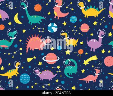 Funny dinosaurs in a spacesuit in space with planets. Pattern. Vector illustration. Stock Vector