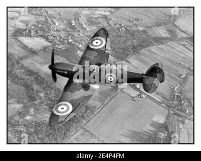 WW2 SPITFIRE over England The RAF Supermarine Spitfire was a British single-seat fighter aircraft used by the Royal Air Force and other Allied countries before, during, and after World War II. Many variants of the Spitfire were built, using several wing configurations, and it was produced in greater numbers than any other British aircraft. It was an iconic fighter aircraft that helped win The Battle of Britain Stock Photo