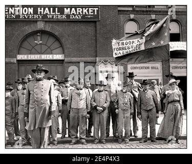 1900’s “Confederate army veteran recruits reunion photo group , Washington, USA 1917.”Troop A  Forrest Cavalry Nashville Confederate Flag” Stock Photo