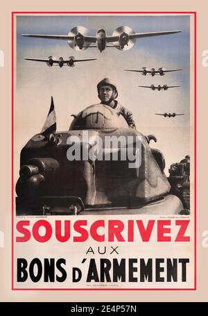 French World War Two appeals propaganda poster: ‘Subscribe to Armament Bonds’ - Souscivez aux bons d'Armement. photomontage by Pierre La Garrigue of French World War II tanks with bomber planes flying overhead. Photo by LaGarrigue and Parnotte, Printed by Schuster, Paris. Country of issue: France, designer: Pierre La Garrigue, 1939 WW2 Second World War Stock Photo