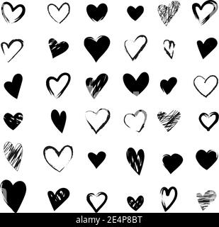 Large set of black hand-drawn hearts Stock Vector