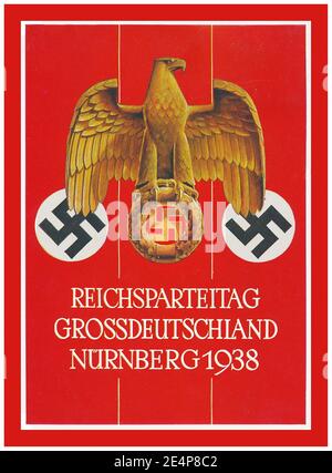 1938 Nazi Nürnberg propaganda 'Nazi Party Congress' Reichsparteitag poster card illustration Greater Germany German imperial eagle with Nazi swastika, Verlag Photo-Hoffmann Company Stock Photo