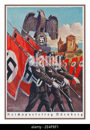 Reichsparteitag Vintage Nazi 1930’s Propaganda card poster with march of  Waffen SS with Swastika Flags for the 1938 Nürnberg Reichsparteitag / Nuremberg Nazi Party Rally with Nuremberg Castle in background and German Eagle & Swastika Stock Photo
