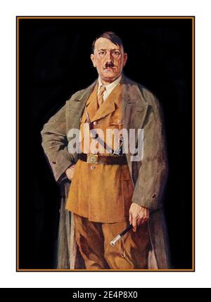 ADOLF HITLER Portrait painting of Führer Adolf Hitler in military uniform  1938 Nazi Germany pre WW2  Adolf Hitler was a German politician and leader of the Nazi Party. He rose to power as the chancellor of Germany in 1933 and then as Führer in 1934. During his dictatorship from 1933 to 1945, he initiated World War II in Europe by invading Poland on 1 September 1939. Stock Photo