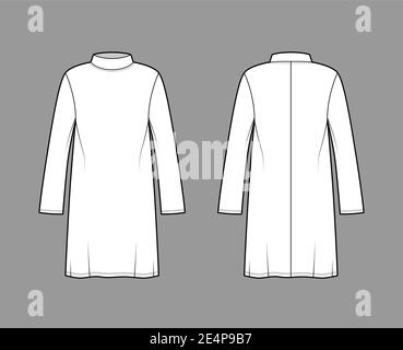 Tunic sweater technical fashion illustration with stand-away collar, long sleeves, oversized, knee length. Flat modest shirt apparel top template front, back, white color. Women men unisex CAD mockup Stock Vector