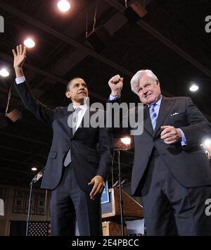 Illinois Senator and Democratic presidential candidate Barack Obama stands on stage with Massachusetts Senator Edward Kennedy during a campaign rally on the campus of American University in Washington, DC, USA on January 28, 2008. Obama received endorsements from Edward Kennedy, dean of the Democratic Party's liberal wing, Caroline Kennedy, daughter of the late US president John F. Kennedy, and Patrick Kennedy, son of the Massachusetts senator. Photo by Olivier Douliery /ABACAPRESS.COM Stock Photo