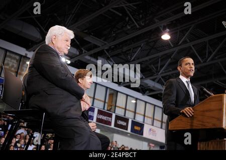 Illinois Senator and Democratic presidential candidate Barack Obama delivers his speech on stage with Massachusetts Senator Edward Kennedy, Caroline Kennedy and Rhode Island Congressman Patrick Kennedy during a campaign rally on the campus of American University in Washington, DC, USA on January 28, 2008. Obama received endorsements from Edward Kennedy, dean of the Democratic Party's liberal wing, Caroline Kennedy, daughter of the late US president John F. Kennedy, and Patrick Kennedy, son of the Massachusetts senator. Photo by Olivier Douliery /ABACAPRESS.COM Stock Photo