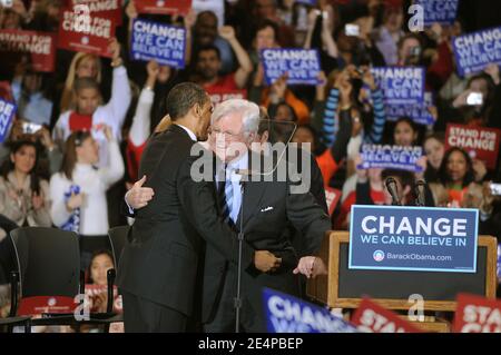 Massachusetts Senator Edward Kennedy gives a hug to Illinois Senator and Democratic presidential candidate Barack Obama, Caroline Kennedy and Rhode Island Congressman Patrick Kennedy during a campaign rally on the campus of American University in Washington, DC, USA on January 28, 2008. Obama received endorsements from Edward Kennedy, dean of the Democratic Party's liberal wing, Caroline Kennedy, daughter of the late US president John F. Kennedy, and Patrick Kennedy, son of the Massachusetts senator. Photo by Olivier Douliery /ABACAPRESS.COM Stock Photo